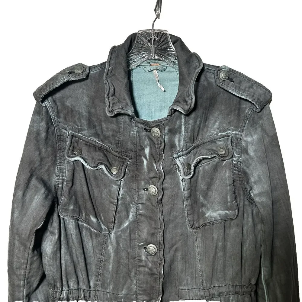 Free People Double Cloth Jacket Military Drawstring Jacket Womens XS Blue Gray